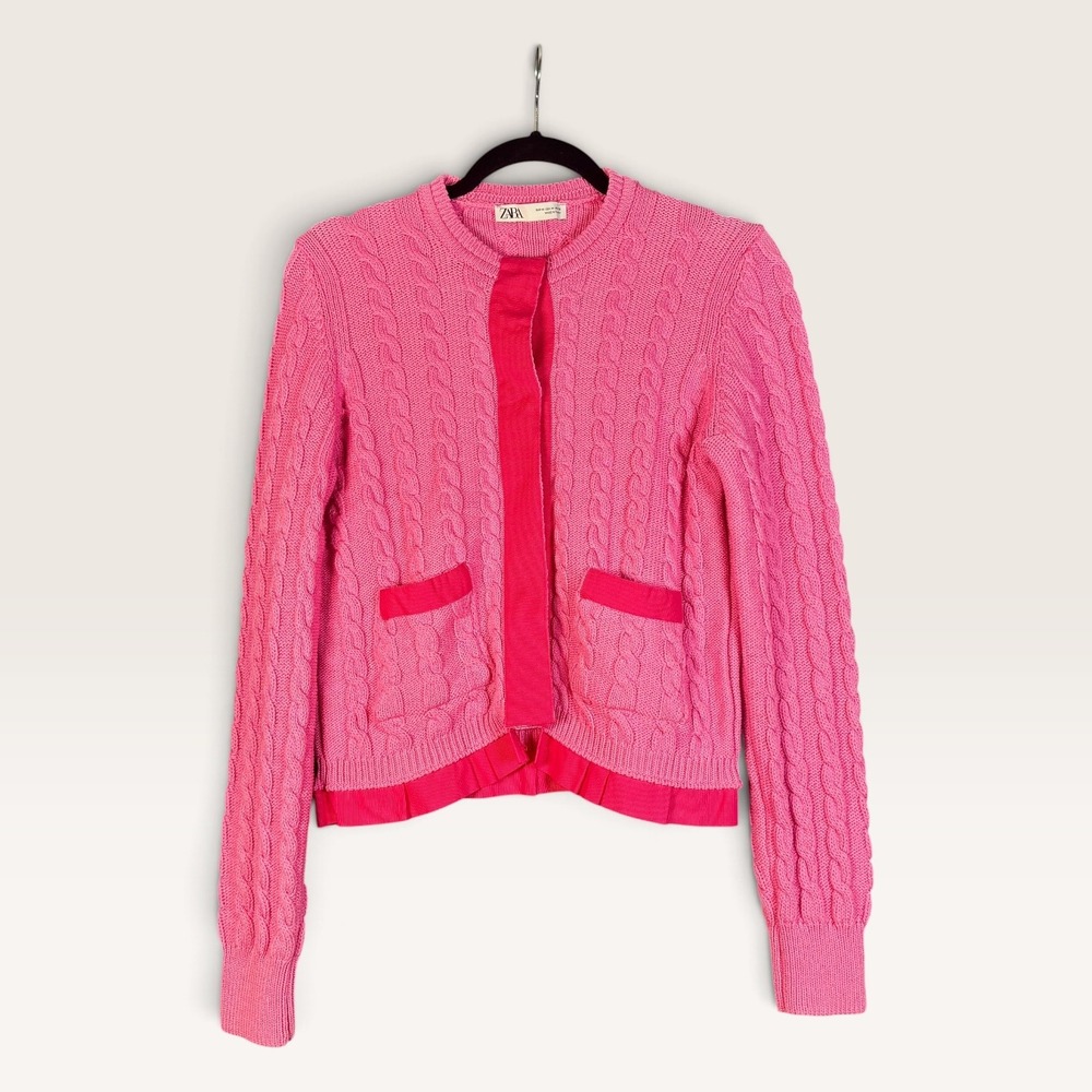 Zara Cable Knit Cardigan Sweater Bubblegum Pink Medium Coquette Preppy NWOT